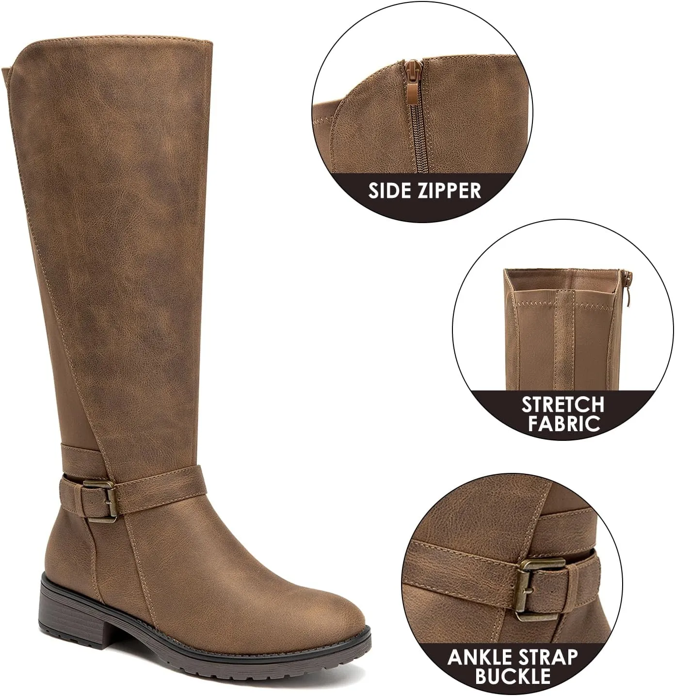 ALLOT Women's Stretch Knee High Boots Low Block Heel Buckle Strap Classic Riding Boots Ladies Side Zip Elastic Casual Fashion Winter Boots