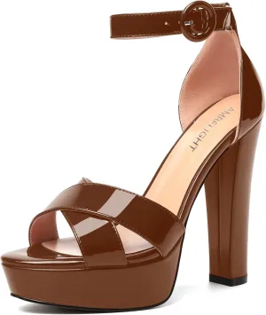 AMBELIGHT Womens Cute Open Toe Dress Heels Patent Party Ankle Strap Platform Chunky High Heel Sandals 5 Inch