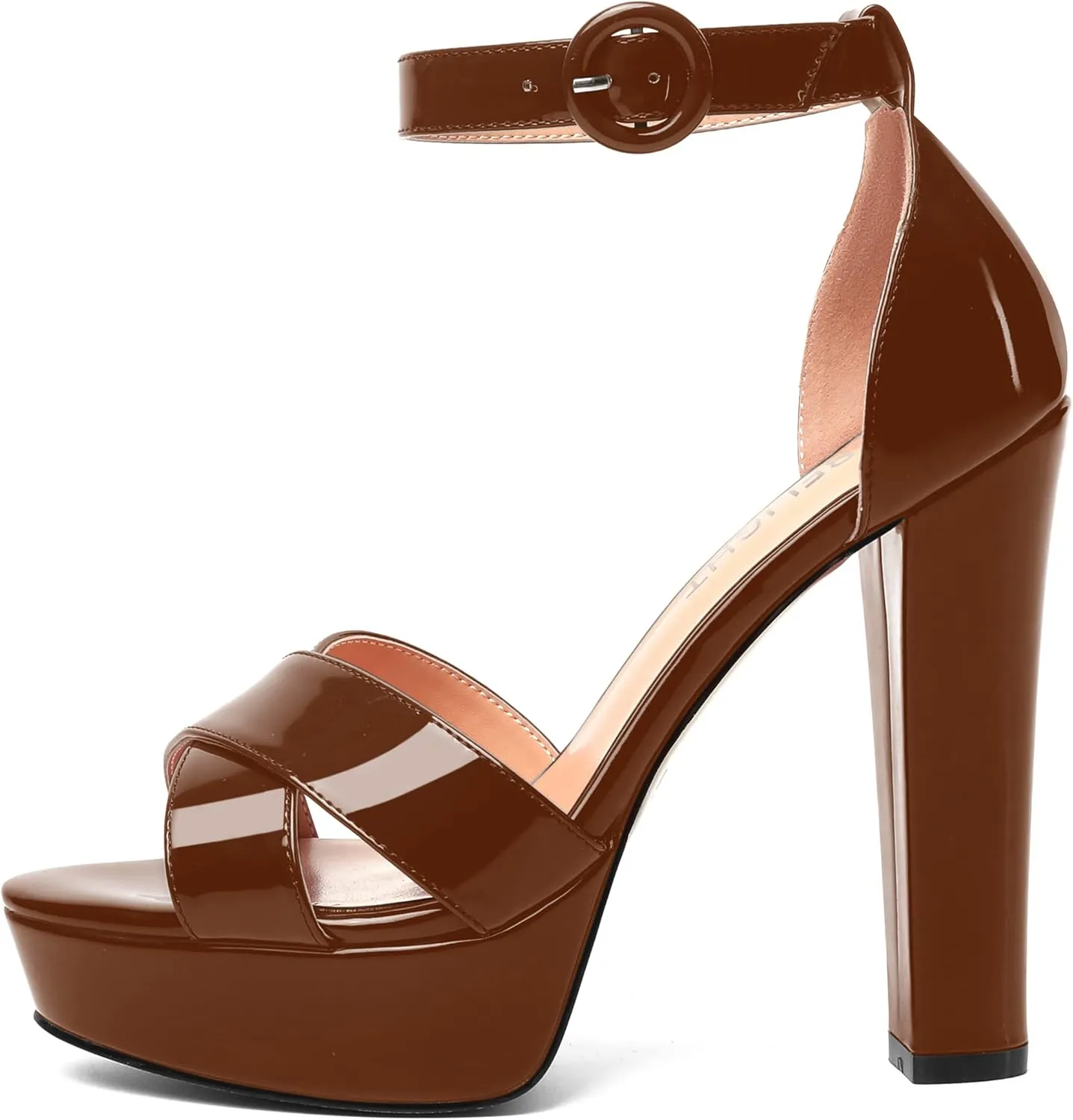 AMBELIGHT Womens Cute Open Toe Dress Heels Patent Party Ankle Strap Platform Chunky High Heel Sandals 5 Inch