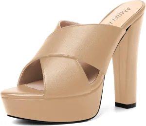 AMBELIGHT Womens Slip On Matte Dating Fashion Heels Open Toe Chunky High Heel Sandals 5 Inch