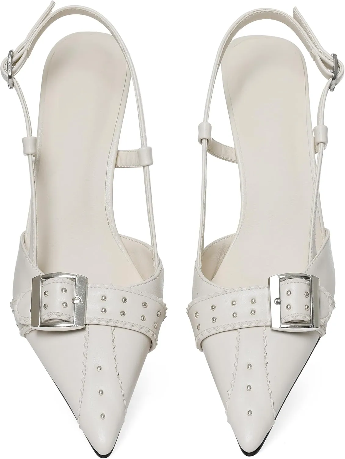AMINUGAL Slingback Heels for Women - Buckle Pointed Toe Stiletto Ankle Strap Silver-Stud Kitten Heels Women's Pumps Closed Toe Heeled Sandals Dress Shoes