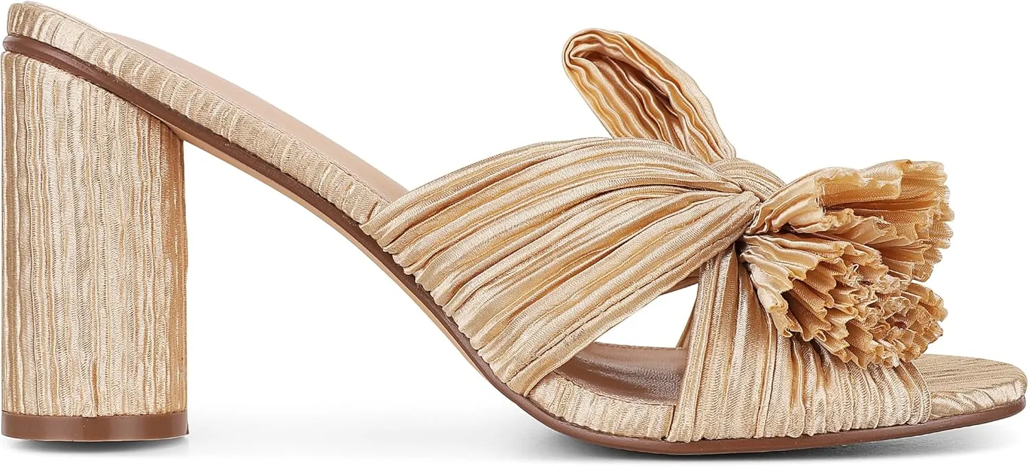 AMINUGAL Womens Heeled Sandals Pleated Bow Knot Ankle Strap Open Toe High Block Chunky Heels Sandals Bridal Wedding Dress Shoes Pumps