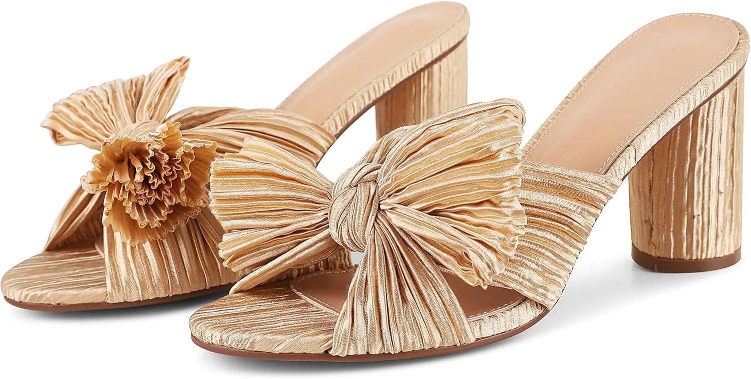 AMINUGAL Womens Heeled Sandals Pleated Bow Knot Ankle Strap Open Toe High Block Chunky Heels Sandals Bridal Wedding Dress Shoes Pumps