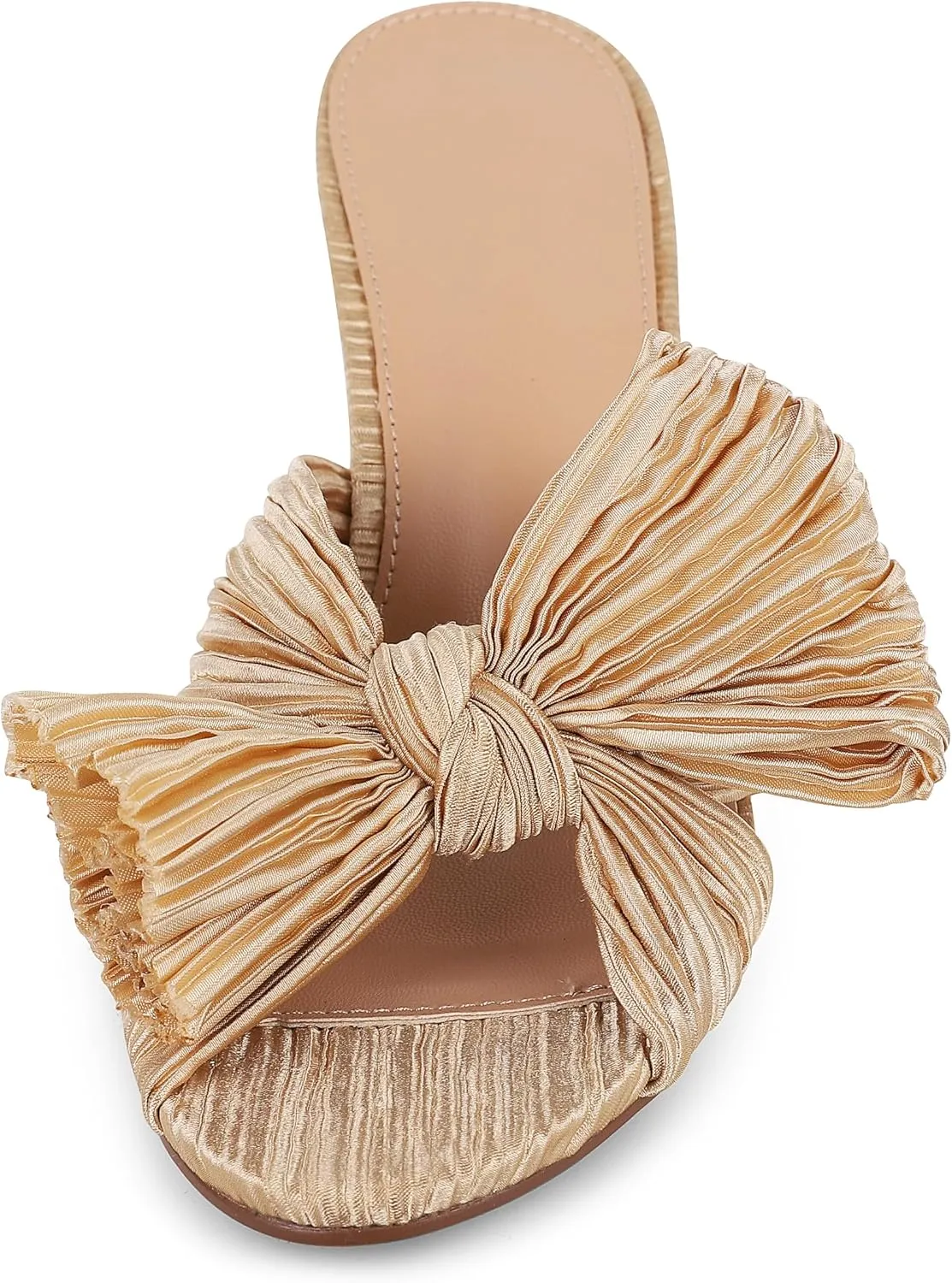 AMINUGAL Womens Heeled Sandals Pleated Bow Knot Ankle Strap Open Toe High Block Chunky Heels Sandals Bridal Wedding Dress Shoes Pumps
