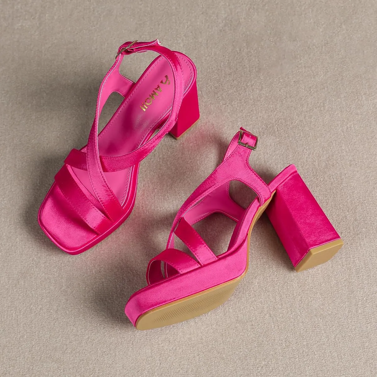 Amoji Women 4 Inch Block Heels Platform Cross Strap Chunky Heeled Sandals 318