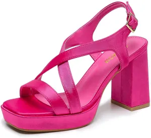 Amoji Women 4 Inch Block Heels Platform Cross Strap Chunky Heeled Sandals 318