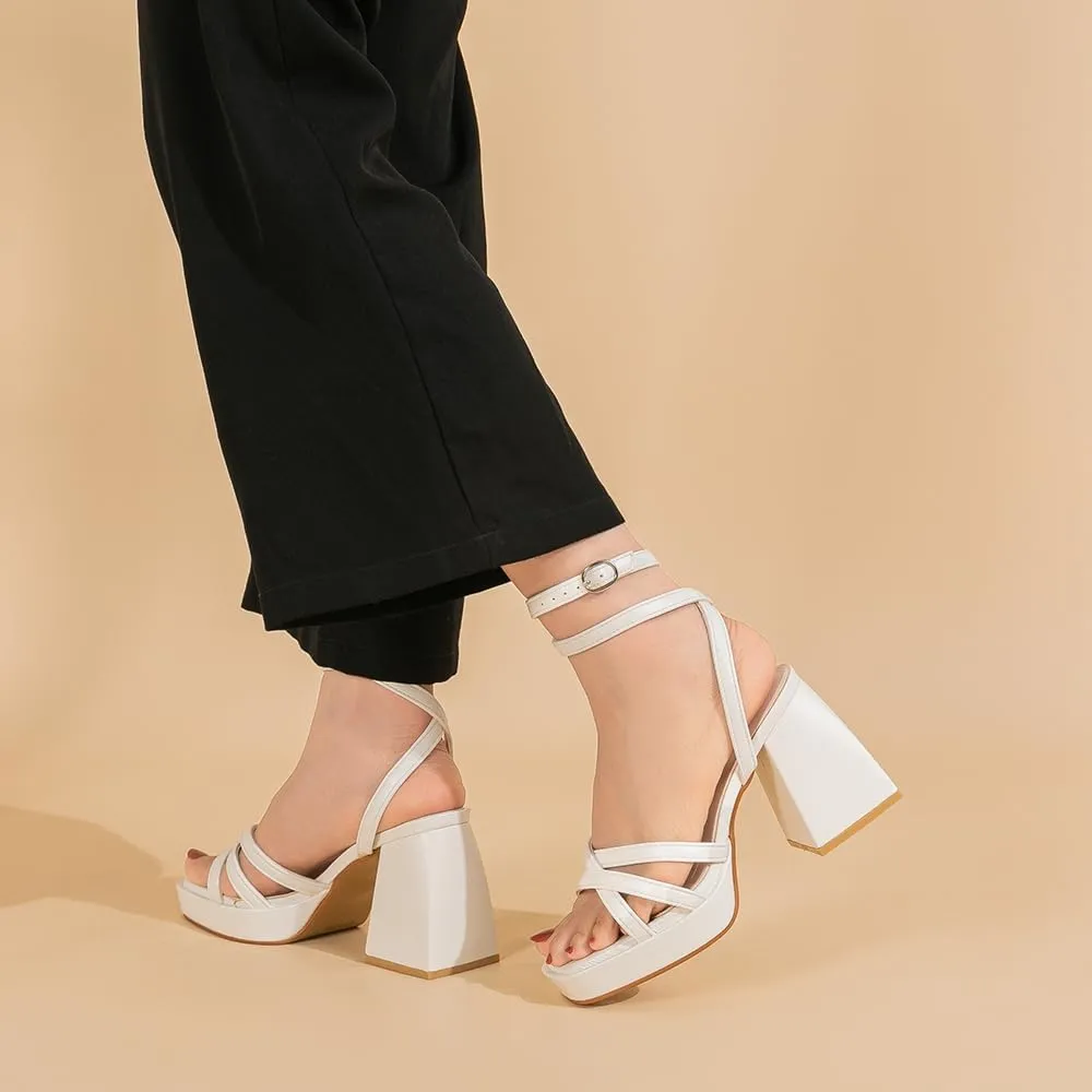 Amoji Women's 4 Inch Platform Chunky Heel Strappy Ankle Strap Block Heeled Sandals 305