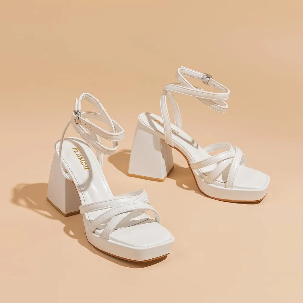 Amoji Women's 4 Inch Platform Chunky Heel Strappy Ankle Strap Block Heeled Sandals 305
