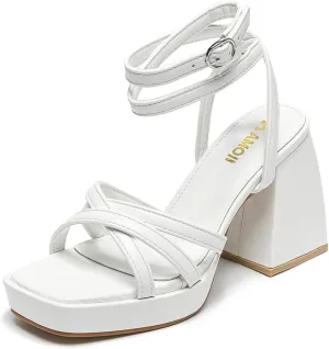 Amoji Women's 4 Inch Platform Chunky Heel Strappy Ankle Strap Block Heeled Sandals 305