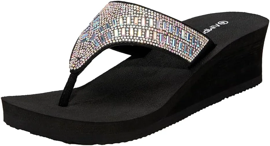 Ampeo Women's Wedge Sandals Rhinestone Thong Platform Flip Flops