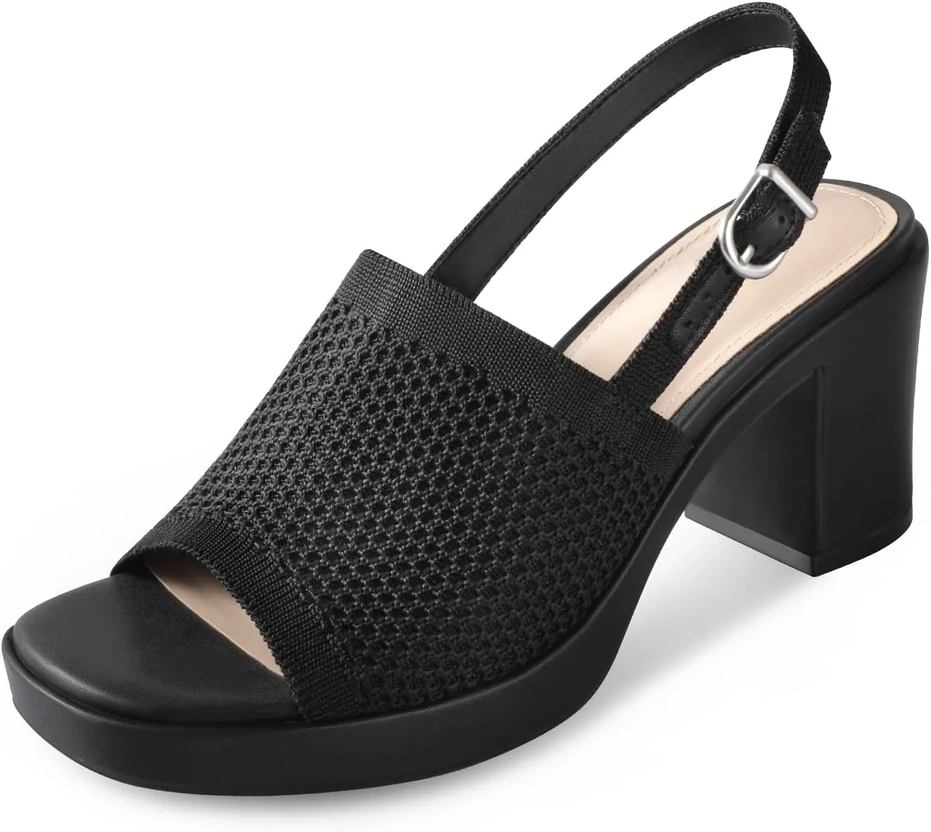 Ankis Black White Nude Heels Platform Heeled Sandals Knit Chunky Block Elastic Slingback Open Toe Ankle Strappy Heels
