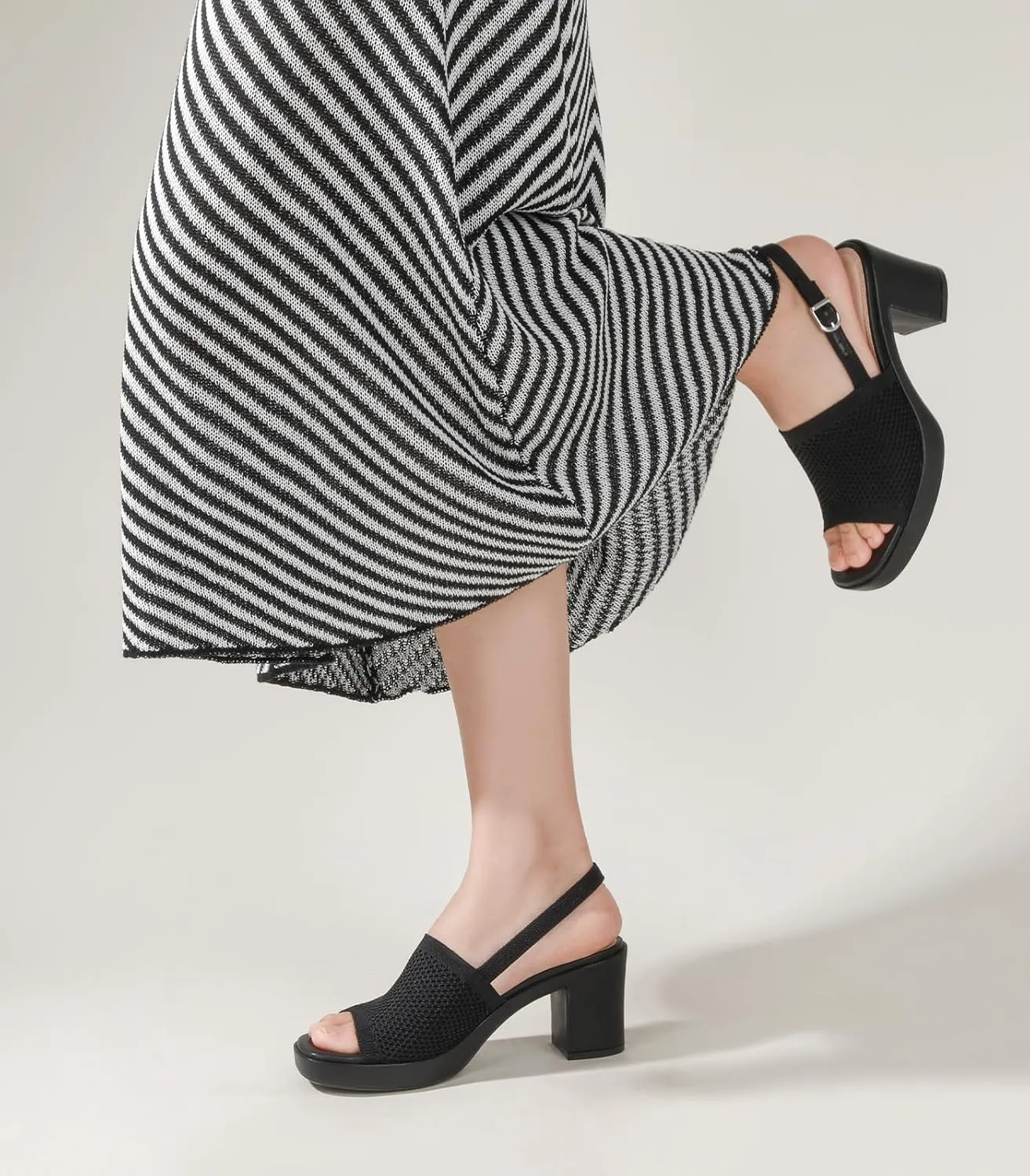 Ankis Black White Nude Heels Platform Heeled Sandals Knit Chunky Block Elastic Slingback Open Toe Ankle Strappy Heels