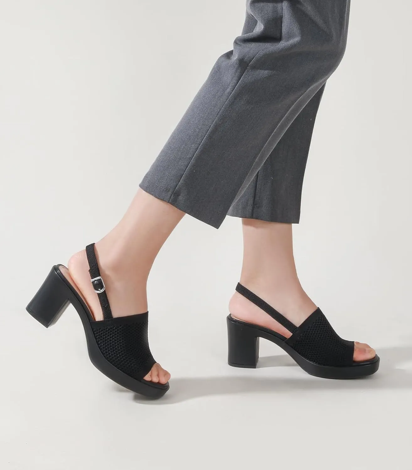 Ankis Black White Nude Heels Platform Heeled Sandals Knit Chunky Block Elastic Slingback Open Toe Ankle Strappy Heels