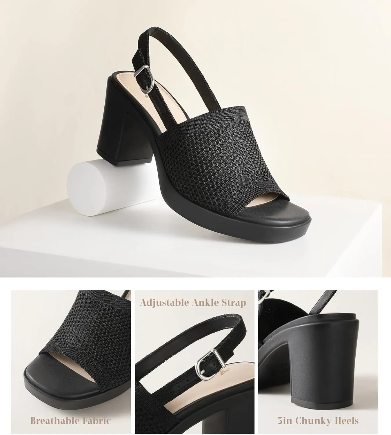 Ankis Black White Nude Heels Platform Heeled Sandals Knit Chunky Block Elastic Slingback Open Toe Ankle Strappy Heels
