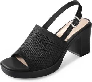 Ankis Black White Nude Heels Platform Heeled Sandals Knit Chunky Block Elastic Slingback Open Toe Ankle Strappy Heels