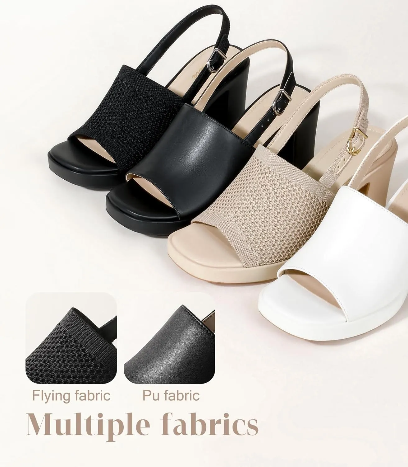 Ankis Black White Nude Heels Platform Heeled Sandals Knit Chunky Block Elastic Slingback Open Toe Ankle Strappy Heels