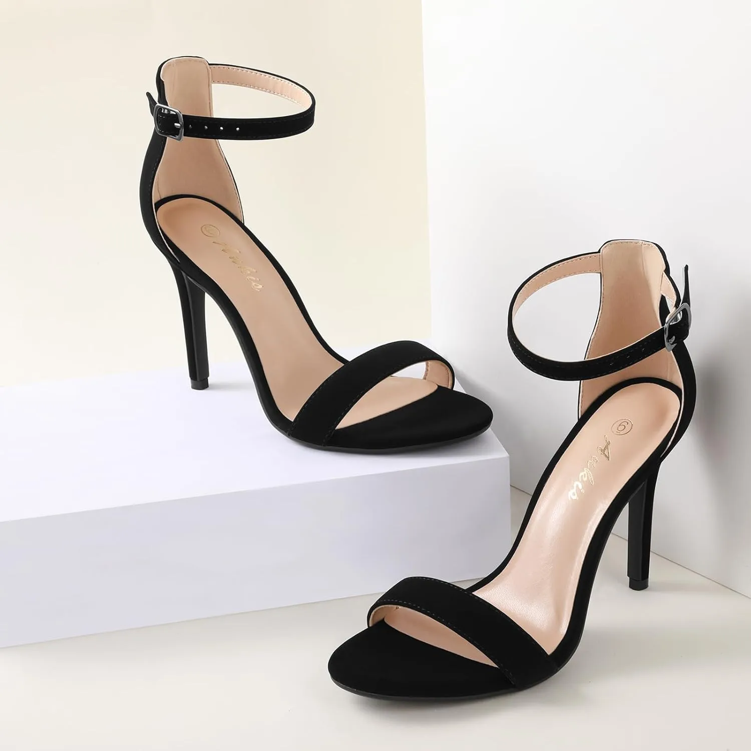 Ankis High Heels for Women 4 Inches, Black Nude Gold Stiletto Heels Open Toe Ankle Strap Heeled Sandals for Dressy Wedding Party