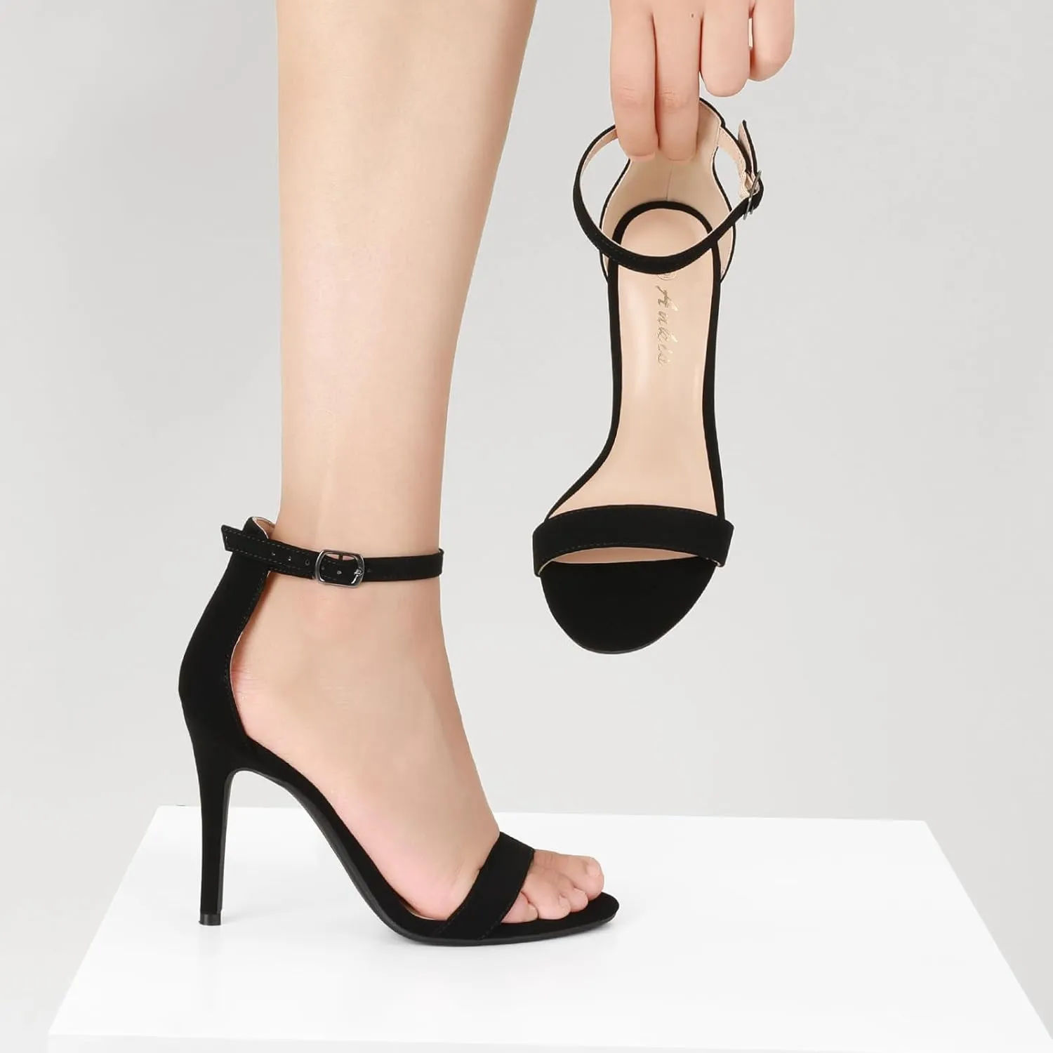 Ankis High Heels for Women 4 Inches, Black Nude Gold Stiletto Heels Open Toe Ankle Strap Heeled Sandals for Dressy Wedding Party