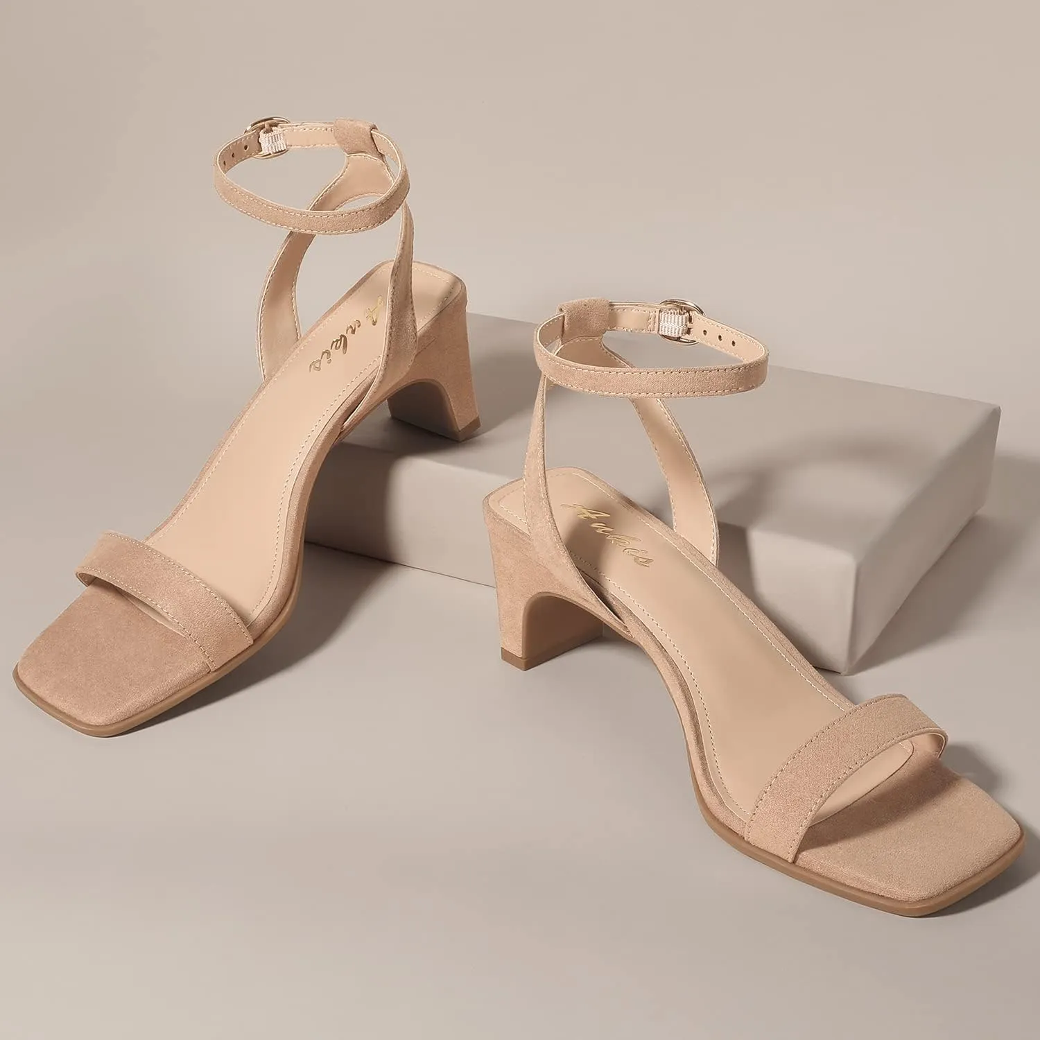 Ankis Square Toe Heels for Women - Nude Silver Black Clear Heels Open Toe Ankle Strap Block Chunky Low Heeled Sandal Comfortable Wedding Dress Heel Sandals Standard Size 2.25 Inches Heel Design