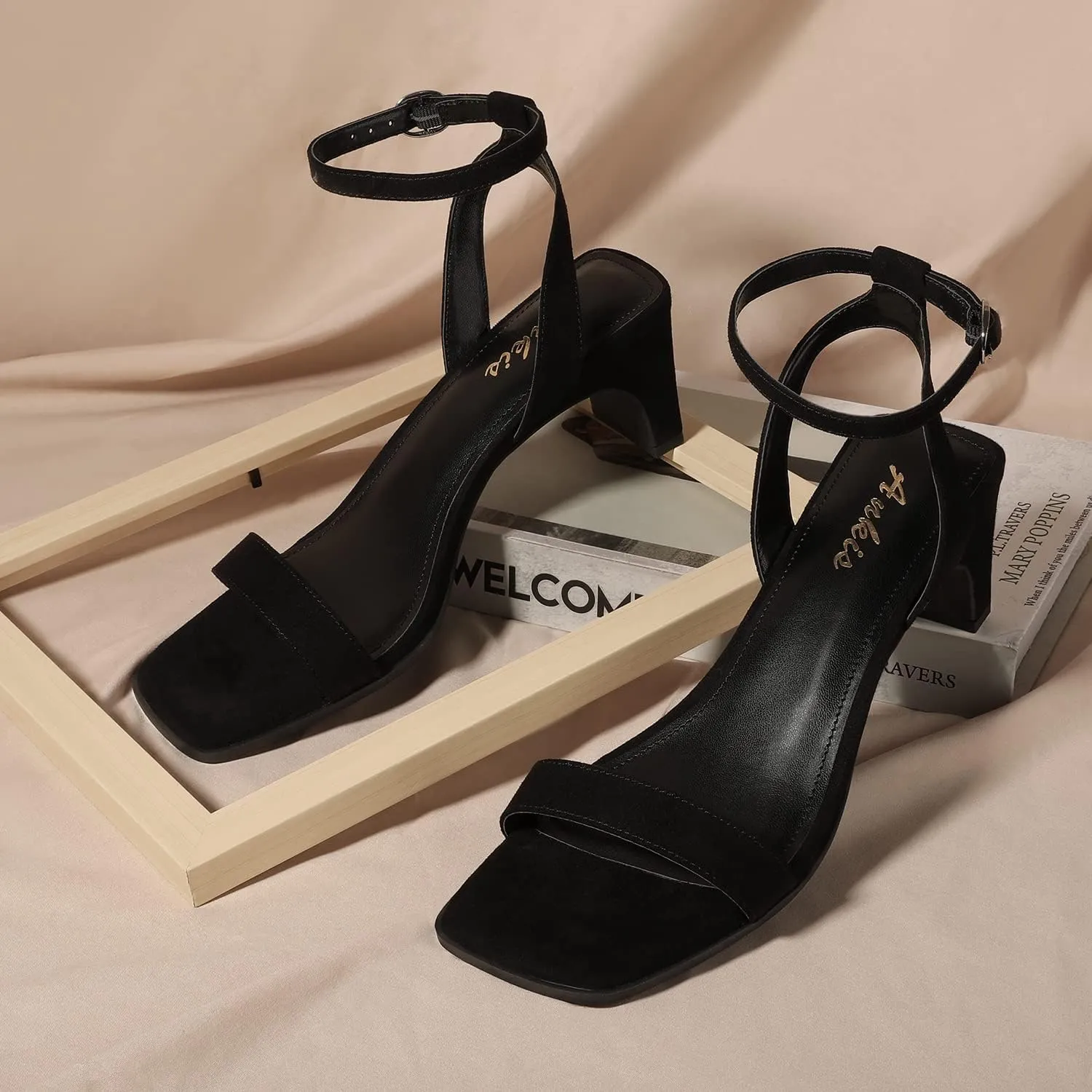 Ankis Square Toe Heels for Women - Nude Silver Black Clear Heels Open Toe Ankle Strap Block Chunky Low Heeled Sandal Comfortable Wedding Dress Heel Sandals Standard Size 2.25 Inches Heel Design