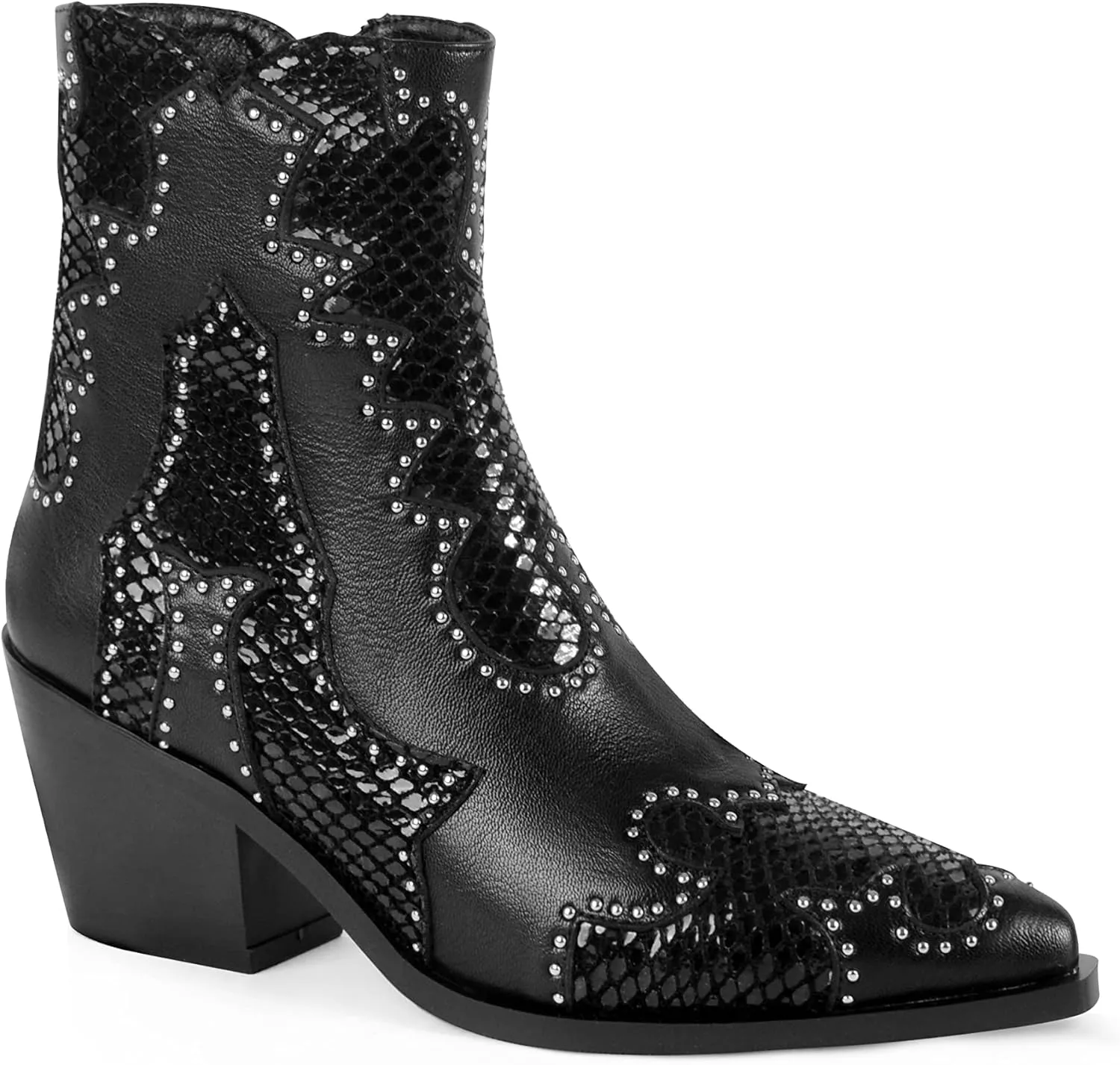 ANN CREEK Women's Ankle Cowboy Boots Rivet Studded Cowgirl Boots Western Booties Ladies Rivet Studded Low Chunky Heel Almond Toe Short Boots