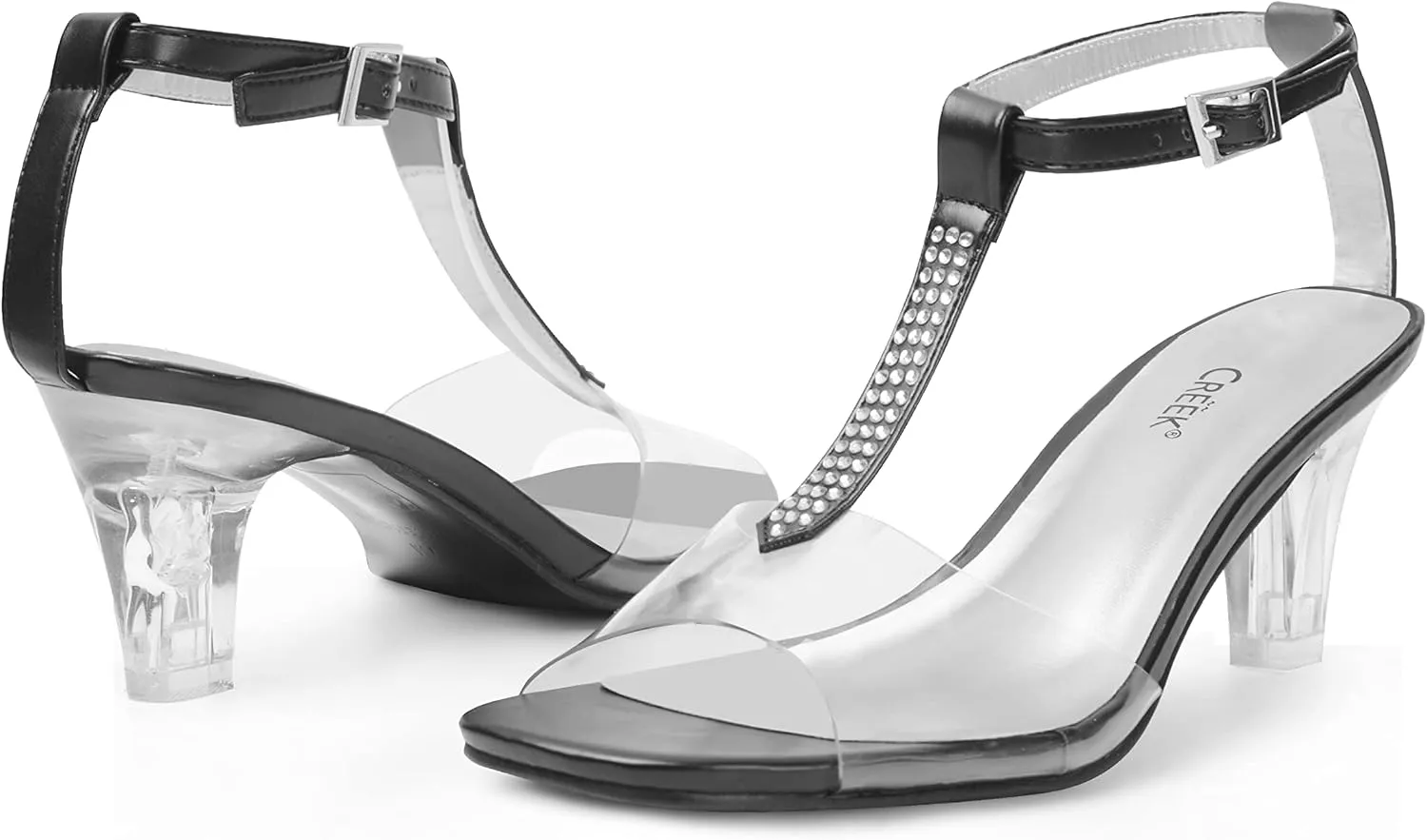 ANN CREEK Women's Clear Heels Rhinestone T-Strap Peep Toe Sandals