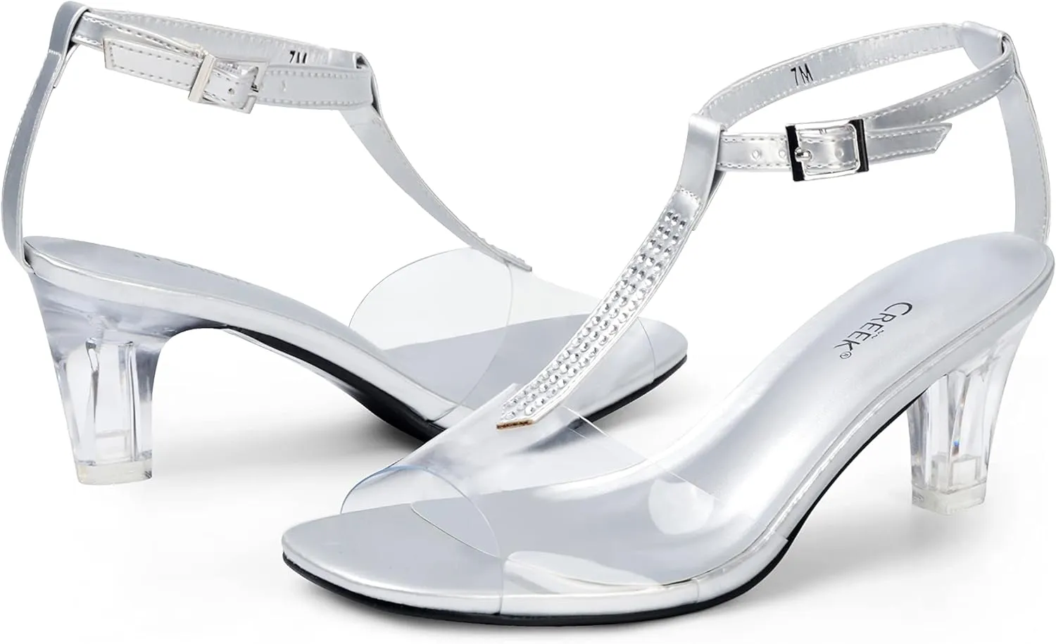 ANN CREEK Women's Clear Heels Rhinestone T-Strap Peep Toe Sandals