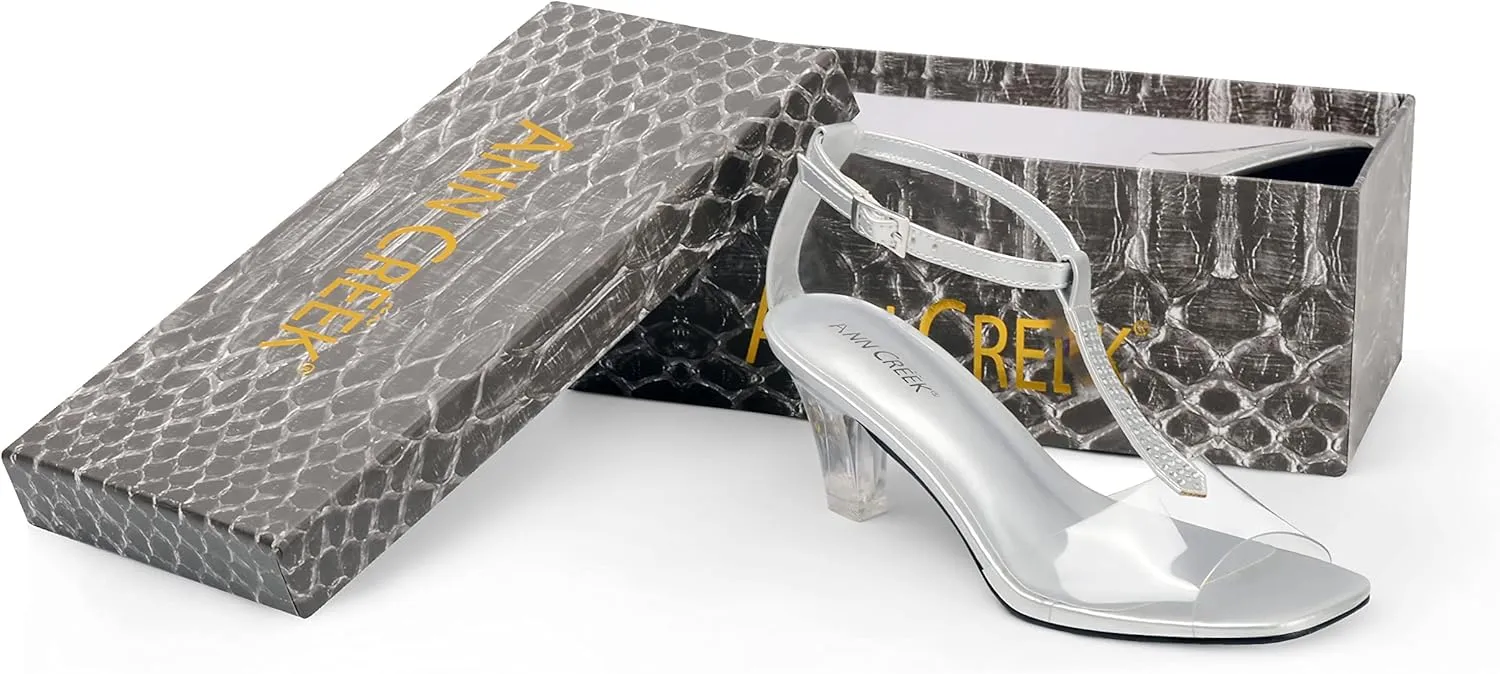 ANN CREEK Women's Clear Heels Rhinestone T-Strap Peep Toe Sandals