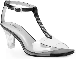 ANN CREEK Women's Clear Heels Rhinestone T-Strap Peep Toe Sandals