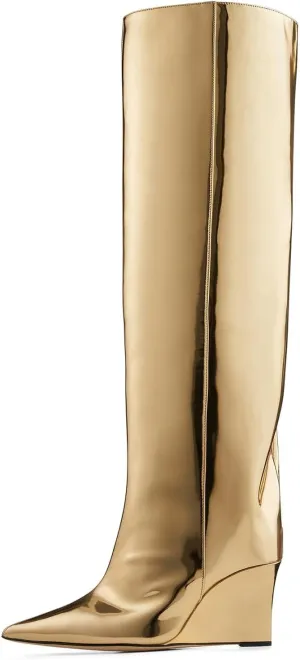 Arqa Liquid Metallic Knee High Boots Pointed Toe Shiny Chrome Wedge Heel Boot Pull-on Tall Boots