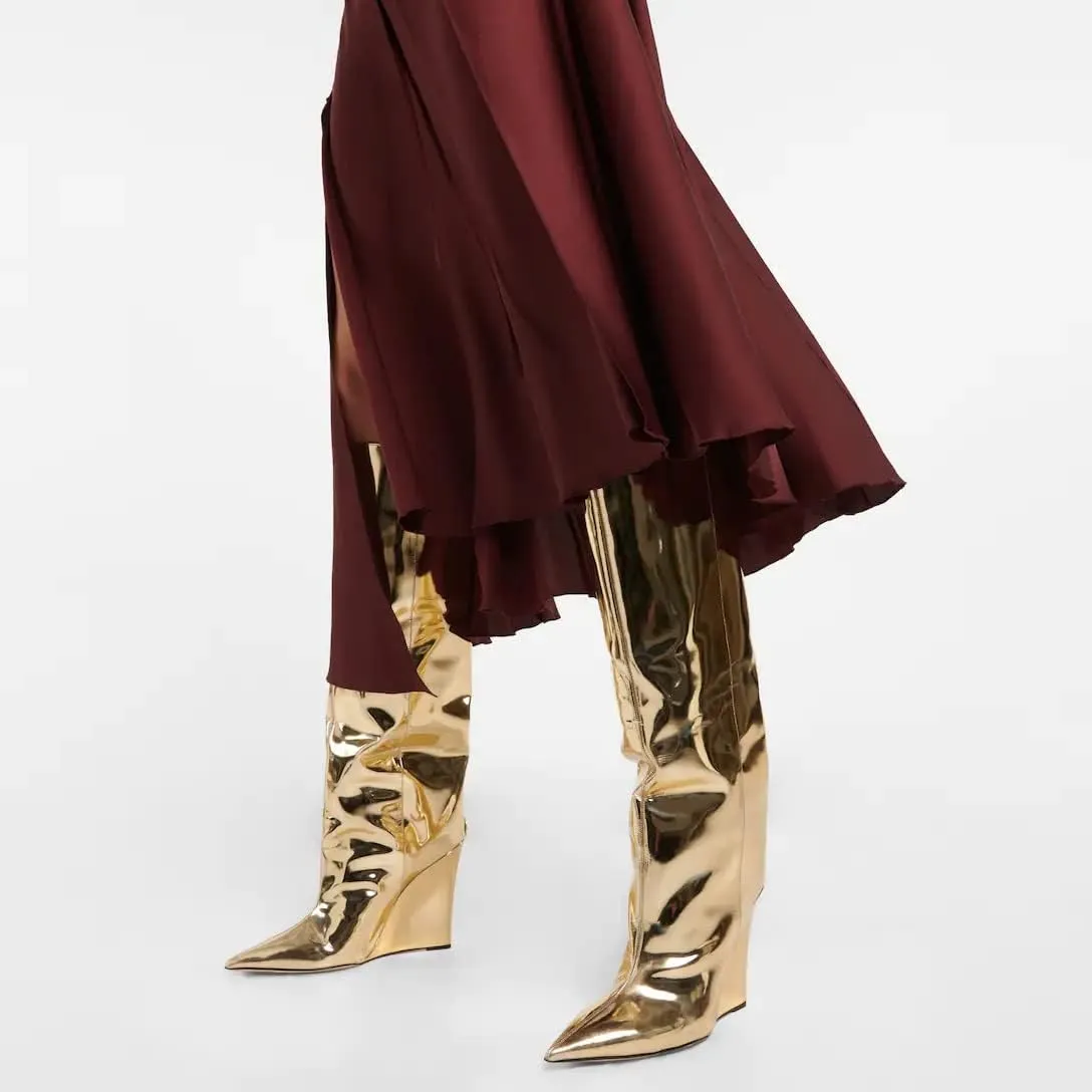 Arqa Liquid Metallic Knee High Boots Pointed Toe Shiny Chrome Wedge Heel Boot Pull-on Tall Boots