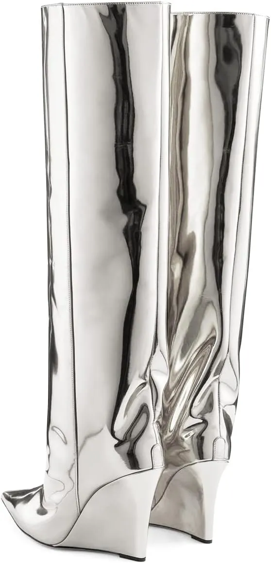 Arqa Liquid Metallic Knee High Boots Pointed Toe Shiny Chrome Wedge Heel Boot Pull-on Tall Boots