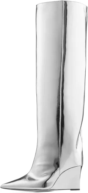 Arqa Liquid Metallic Knee High Boots Pointed Toe Shiny Chrome Wedge Heel Boot Pull-on Tall Boots