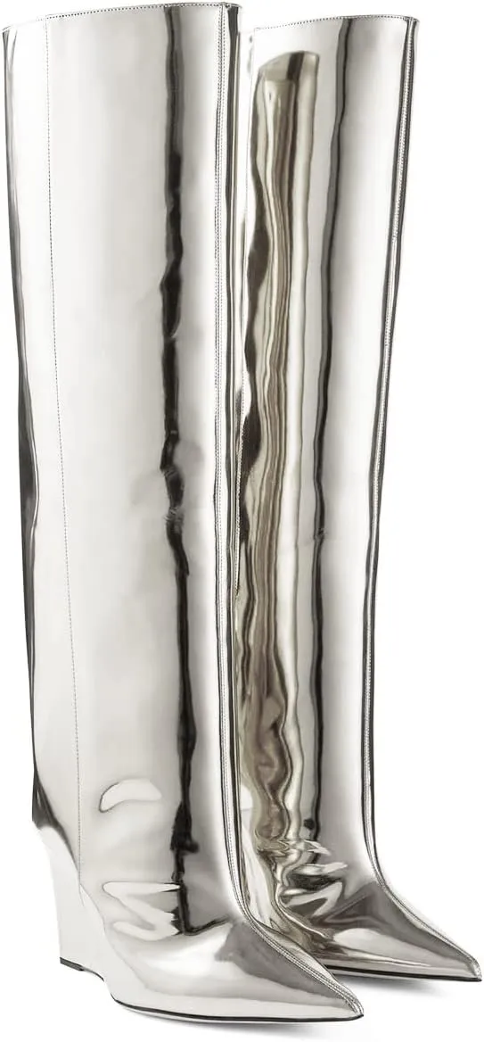Arqa Liquid Metallic Knee High Boots Pointed Toe Shiny Chrome Wedge Heel Boot Pull-on Tall Boots