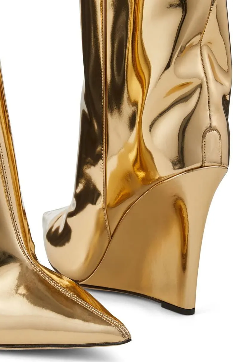 Arqa Liquid Metallic Knee High Boots Pointed Toe Shiny Chrome Wedge Heel Boot Pull-on Tall Boots