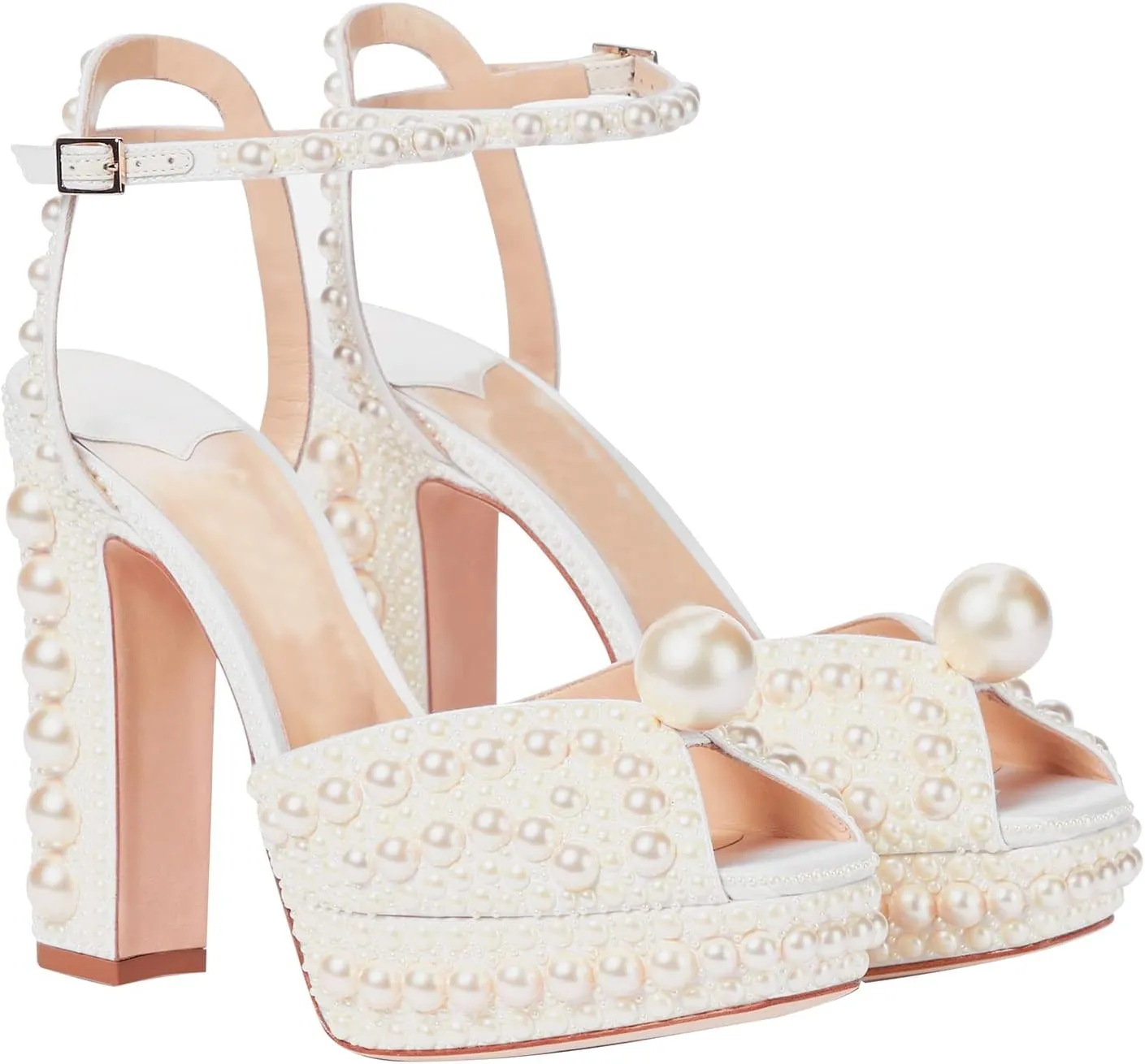 Arqa Pearl Heels for Women Peep Toe Chunky Heel Sandals Slingback Wedding Bridal Ankle Strap Shoes