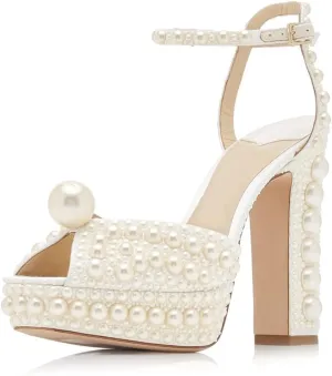 Arqa Pearl Heels for Women Peep Toe Chunky Heel Sandals Slingback Wedding Bridal Ankle Strap Shoes