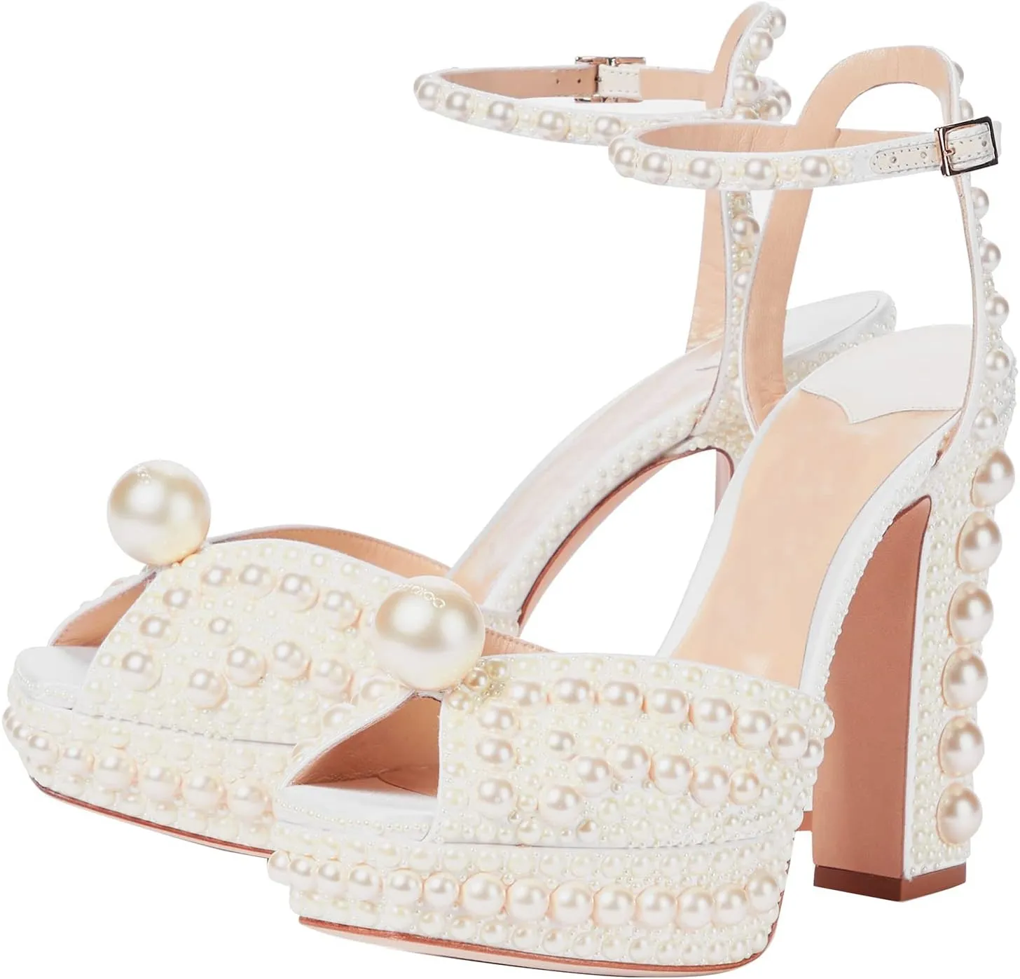 Arqa Pearl Heels for Women Peep Toe Chunky Heel Sandals Slingback Wedding Bridal Ankle Strap Shoes