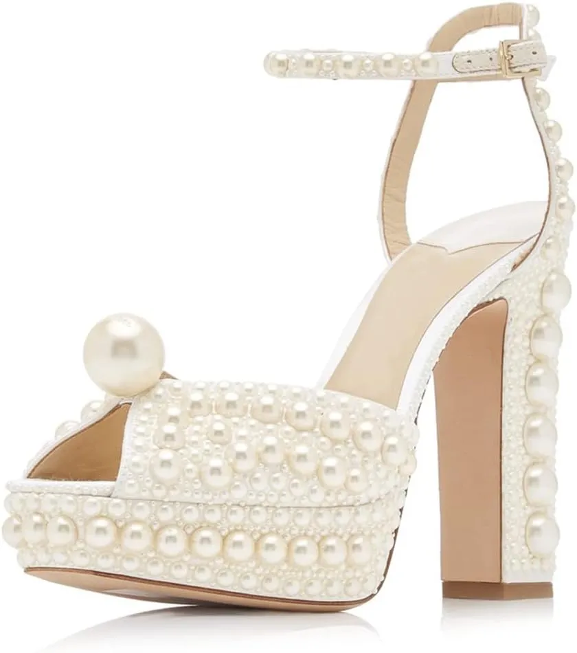 Arqa Pearl Heels for Women Peep Toe Chunky Heel Sandals Slingback Wedding Bridal Ankle Strap Shoes