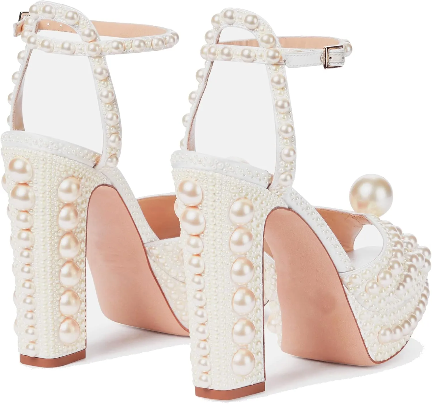 Arqa Pearl Heels for Women Peep Toe Chunky Heel Sandals Slingback Wedding Bridal Ankle Strap Shoes