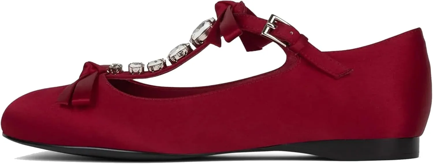 Arqa Women's T-Strap Ballet Flat with Pearl and Bow Detail Ballet Slipper Dressy Comfortable Work Office Low Heel Flats Wedding Ballerina Slip On Vintage Mary Jane Flats Shoes