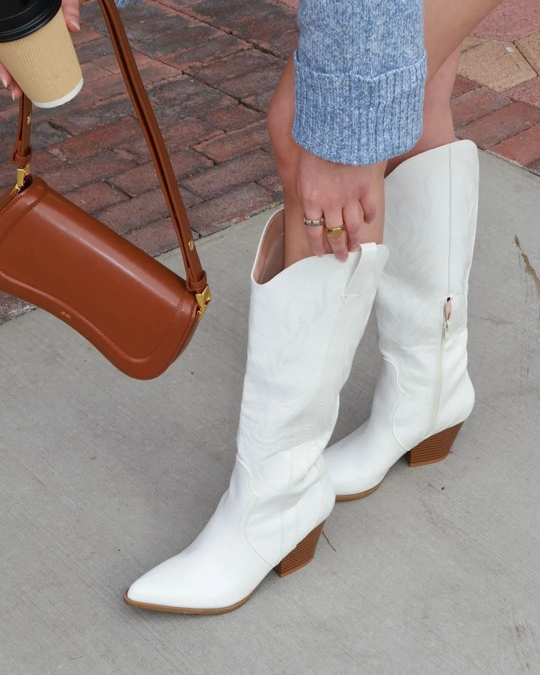 Arromic Cowboy Boots for Women Comfortable Womens Embroidered Western Cowgirl Knee High Boots Pointed Toe Zipper Chunky Heel Country Outfit Retro Tall Boots