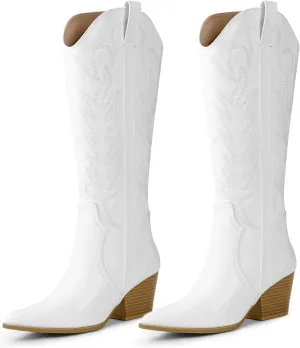Arromic Cowboy Boots for Women Comfortable Womens Embroidered Western Cowgirl Knee High Boots Pointed Toe Zipper Chunky Heel Country Outfit Retro Tall Boots