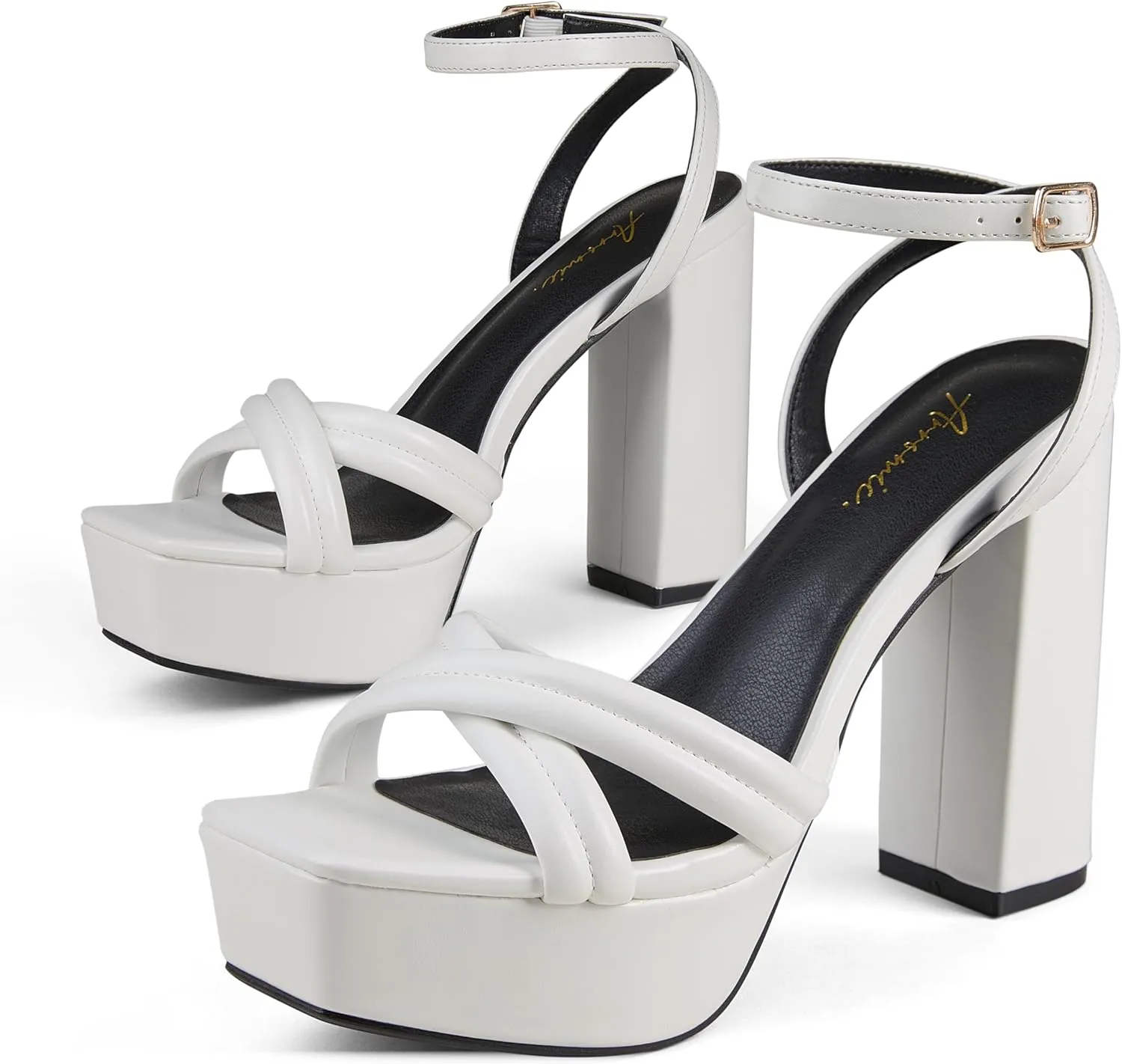 Arromic Women's Platform Heels High Chunky Sandals 4.5 Inches Square Open Toe Heeled Sandals Pink Gold White Black Nude Strappy Ankle Strap Sexy Pumps Y2K Dress Party Wedding Shoes