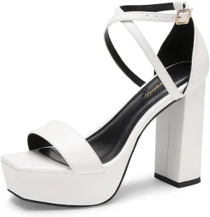 Arromic Women's Platform Heels High Chunky Sandals 4.5 Inches Square Open Toe Heeled Sandals Pink Gold White Black Nude Strappy Ankle Strap Sexy Pumps Y2K Dress Party Wedding Shoes