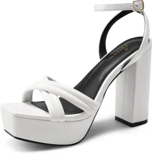 Arromic Women's Platform Heels High Chunky Sandals 4.5 Inches Square Open Toe Heeled Sandals Pink Gold White Black Nude Strappy Ankle Strap Sexy Pumps Y2K Dress Party Wedding Shoes