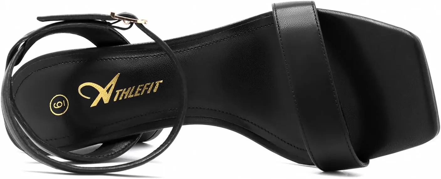 Athlefit Women's Strappy Chunky Block Heels Fashion Square Open Toe Heeled Sandals Ankle Strap Wedding Party Shoes