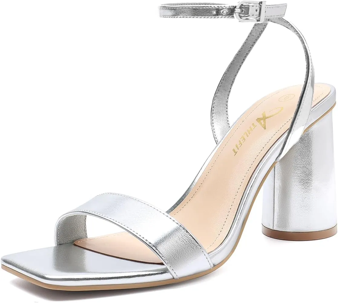 Athlefit Women's Strappy Chunky Block Heels Fashion Square Open Toe Heeled Sandals Ankle Strap Wedding Party Shoes