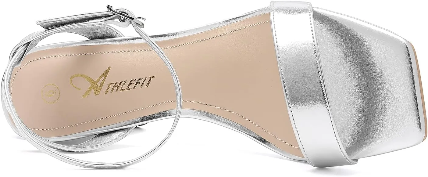 Athlefit Women's Strappy Chunky Block Heels Fashion Square Open Toe Heeled Sandals Ankle Strap Wedding Party Shoes