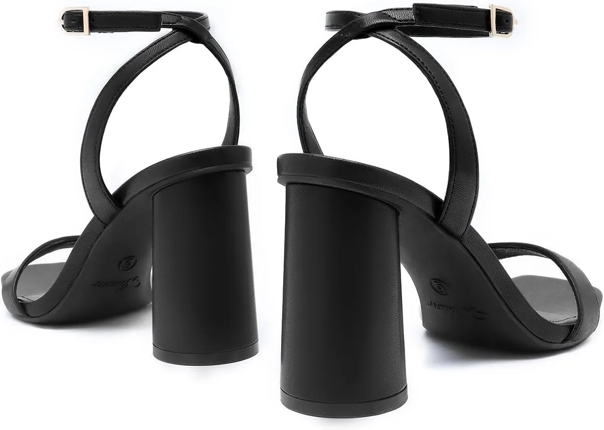 Athlefit Women's Strappy Chunky Block Heels Fashion Square Open Toe Heeled Sandals Ankle Strap Wedding Party Shoes